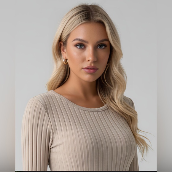 Beige Ribbed Split Hem Tee & Flare Leg Pants - Picture 2 of 9